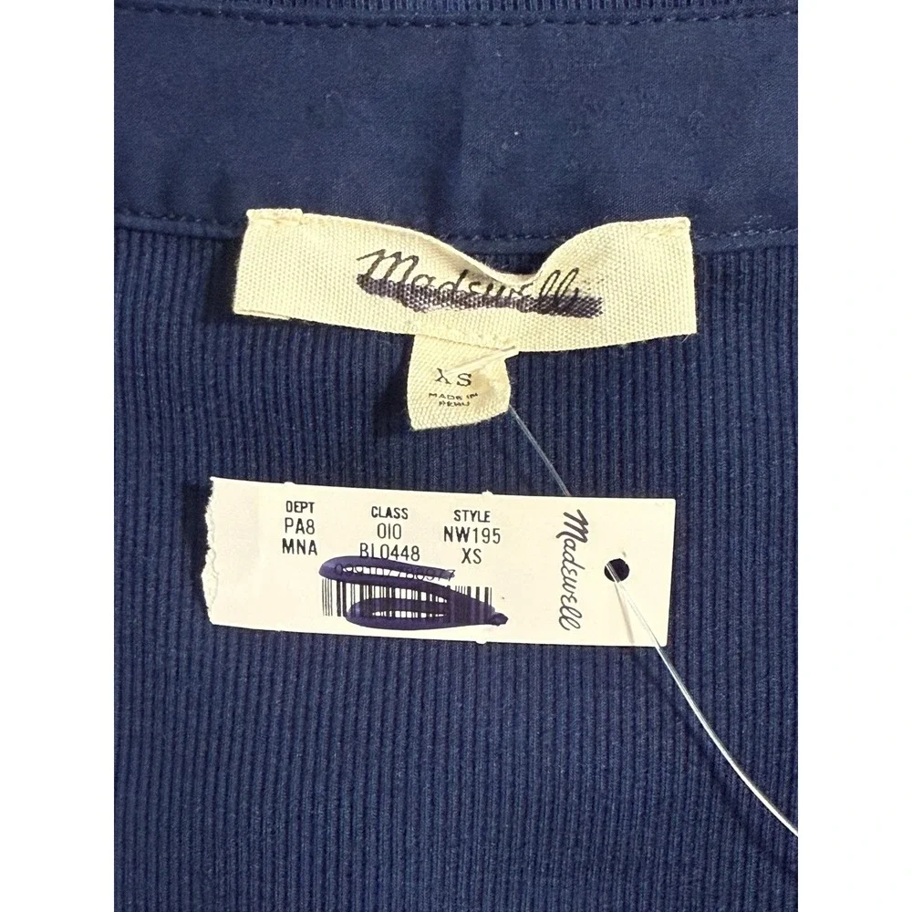 Madewell Midnight‎ Navy Blue Puff-Sleeve Henley Knit Top NW195 XS New